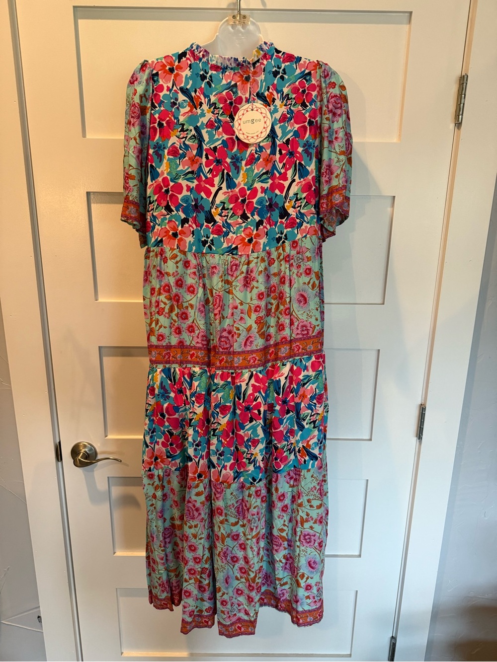 Umgee Teal and Fuchsia Floral Tiered Midi Dress - Picture 3 of 3